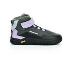 Bota infantil Primigi gris y lila con cierre de velcro, cordones elásticos y suela Vibram negra, vista lateral