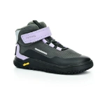 Bota barefoot infantil Primigi gris con tira de velcro lila, cordón elástico y suela Vibram negra