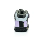 Primigi Barefoot bota orchidea vista trasera, gris y lila con etiqueta Gore-Tex y suela negra
