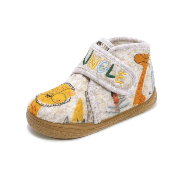 Zapatilla de casa Zapy de fieltro beige con león y jirafa estampados, velcro con «JUNGLE» bordado y suela marrón