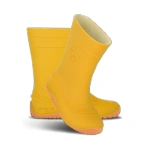 Botas de agua Be Lenka Pudds Yellow amarillas con suela naranja y logotipo barefoot en relieve, vista lateral del par