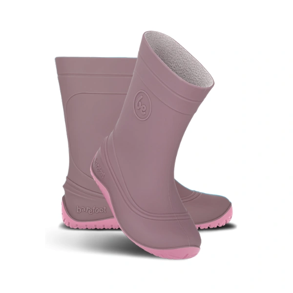 Par de botas de agua Be Lenka Pudds Violeta con suela rosa y la palabra barefoot en relieve, vista lateral