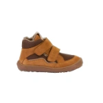 Bota infantil Froddo TEX Cognac de ante y malla marrón con dos velcros, forro de borrego y suela de goma, vista lateral