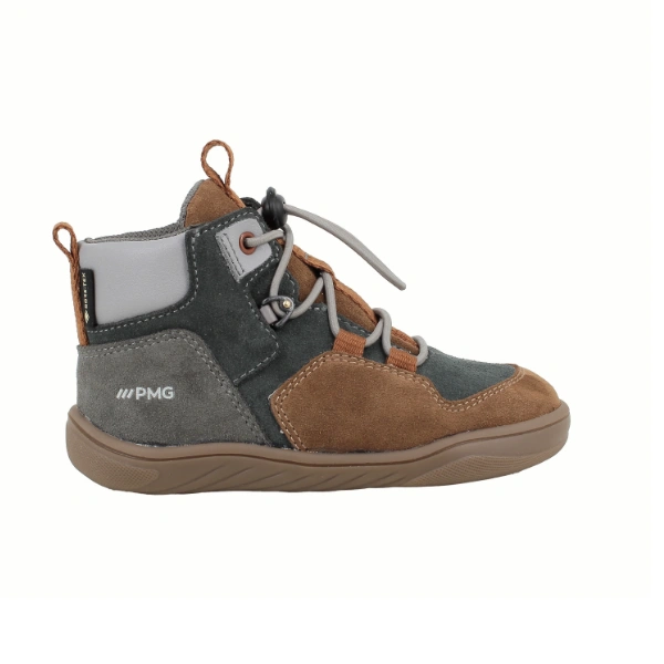 Bota infantil Primigi Barefoot Gore-Tex de serraje gris y marrón con cordón elástico, vista lateral