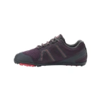 Zapatilla Xero Shoes Mesa Trail WP de mujer en morado, vista lateral interior con puntera gris y suela con tacos rojos