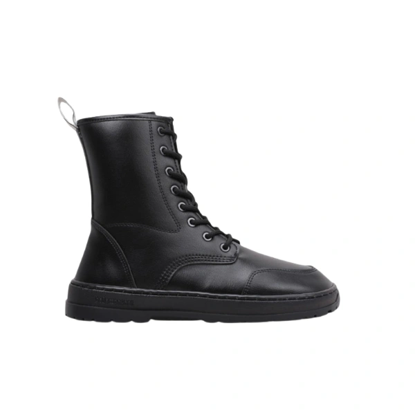 Bota militar Beflamboyant Omega negra de caña alta con cordones y suela plana de goma, vista lateral