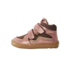 Bota infantil Froddo en rosa metalizado con dos velcros, malla marrón, forro de pelo y suela de goma color miel