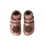 Froddo bota TEX Pink/Gold vista desde arriba, con dos velcros rosa metalizado, puntera marrón y forro de borreguito