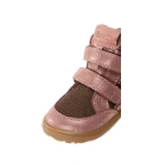Froddo bota TEX Pink/Gold, detalle de la puntera de piel rosa irisada con dos velcros, rejilla marrón y suela de goma
