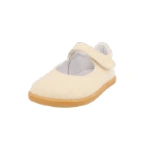 Blanditos Delhi Beige, merceditas infantiles de lino con cierre de velcro y suela de goma color miel, vista lateral
