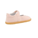 Merceditas infantil Blanditos Delhi Nude de lino rosa con velcro y suela color miel, vista trasera lateral
