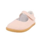 Blanditos Delhi Nude, merceditas infantil de lino color nude con velcro y suela de goma color miel, vista lateral delantera