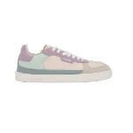 Zapatilla Muris Majorca Malva vista de lado, con talón y ojales malva, paneles crema, verde menta y gris, y suela blanca