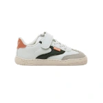 Zapatilla infantil MTNG blanca con velcro y cordones, detalles verde oscuro, talón naranja y puntera gris, vista lateral