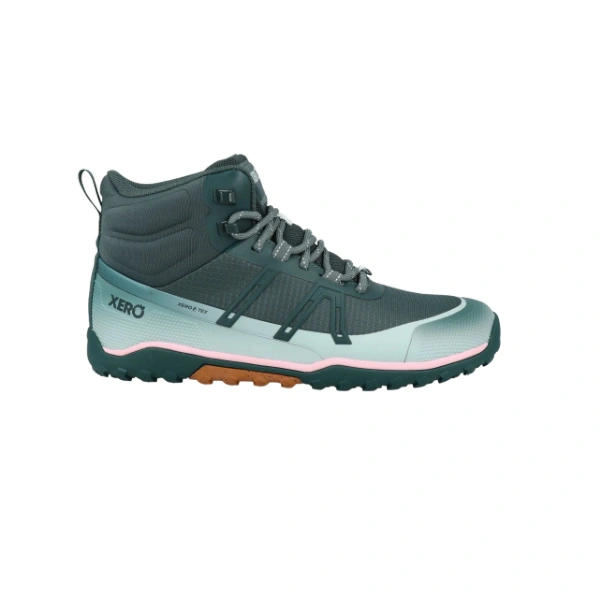 Bota de montaña Xero Shoes Scrambler Trail Mid Waterproof de mujer en gris oscuro con franja rosa, vista lateral