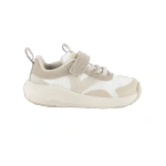 Zapatilla infantil Victoria Kai blanca y beige con tira de velcro y cordones elásticos, vista lateral
