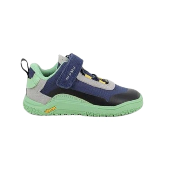 Zapatilla barefoot infantil Primigi azul marino y gris con suela Vibram verde menta y velcro, vista lateral
