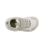 Zapatilla infantil Victoria Barefoot blanca y beige vista desde arriba, con cordones elásticos y tira de velcro