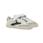 Zapatillas infantiles Mustang Free Losfo kaki, blancas con velcro, cordones, detalles verde kaki, ante gris y talón naranja
