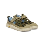 Sandalias Primigi Barefoot kaki con velcro, cordón elástico azul marino, forro azul claro y suela Vibram beige