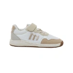 Zapatilla Mustang Free blanca con detalles beige, velcro, cordones elásticos y logotipo «m» rosa dorado, vista lateral