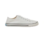 Zapatilla Mustang free Emi de lona blanca en vista lateral, con cordones blancos y suela con doble franja negra