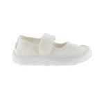 Merceditas infantil Victoria de lona blanca con tira de velcro y suela de goma blanca, vista lateral