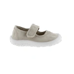 Merceditas Victoria Bosco de lona beige con cierre de velcro y suela blanca de goma, vista lateral