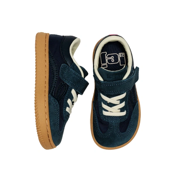 Zapatillas Lejan ONE Kids Nylon Navy en azul marino con velcro, cordones elásticos crudos y suela de goma color miel