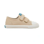 Zapatilla infantil Mustang Free de loneta beige con dos tiras de velcro, puntera blanca y suela con franja, vista lateral