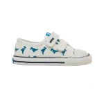 Zapatilla Mustang Free Loneta Dinos blanca con estampado de dinosaurios azules y dos tiras de velcro, vista lateral