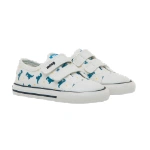 Zapatillas infantiles Mustang Free Loneta Dinos blancas con dinosaurios azules, estrellas amarillas y doble velcro