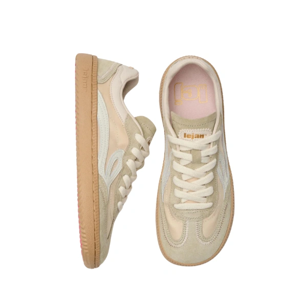 Zapatillas Lejan ONE Nylon Wide Beige vistas de lado y desde arriba, con ante, cordones crudos y suela color miel