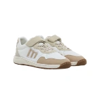 Par de zapatillas Mustang Free sneaker blancas con piel beige, velcro, cordones elásticos y logo m bordado en el lateral