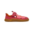 Sandalia Primigi Barefoot rosa de ante con velcro, cordones elásticos y suela Vibram color miel, vista lateral