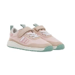 Par de zapatillas Mustang Free sneaker rosa con velcro, cordones blancos y suela verde agua, vista lateral delantera