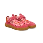 Sandalias Primigi Barefoot rosas de ante con cierre de velcro, cordón elástico naranja y suela Vibram color miel