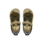 Sandalias Primigi Barefoot kaki vistas desde arriba, con cordón elástico azul marino, velcro y plantilla beige