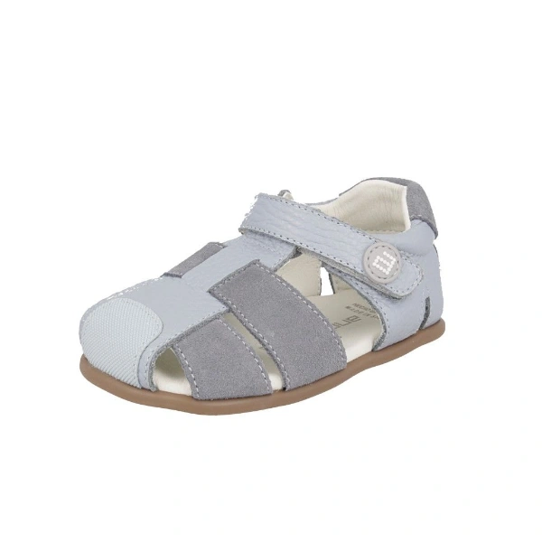 Sandalia infantil Andanines Dijon azul celeste de piel con tiras de serraje gris, cierre de velcro y puntera reforzada
