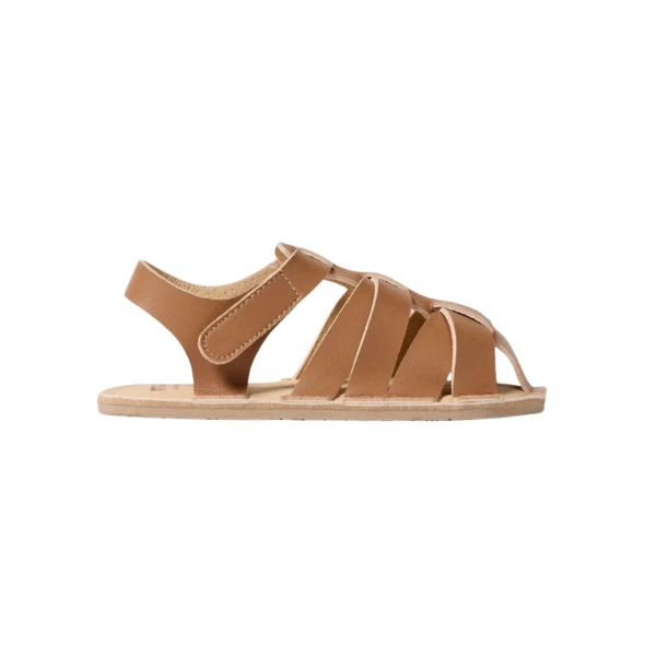 Sandalia infantil Muris Tunis Mini en marrón, vista lateral con tiras cruzadas y cierre de velcro