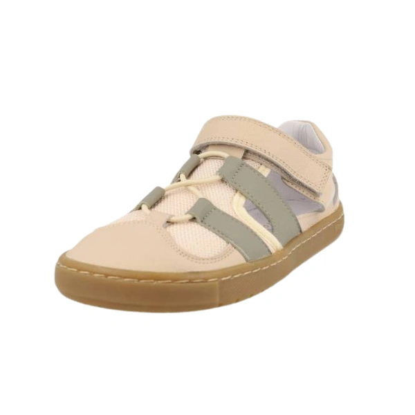Sandalia deportiva Blanditos Jamaica beige y verde en vista lateral, con velcro, cordón elástico y suela de goma color miel