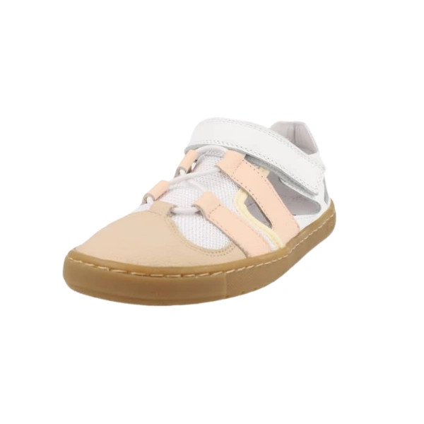 Sandalia deportiva Blanditos Jamaica blanco y rosa con puntera beige, cordón elástico, velcro y suela color miel