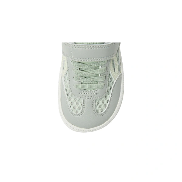 Zapatilla Lejan ONE Kids Mesh Mint vista desde arriba, con puntera gris, rejilla menta, cordones verdes y tira de velcro