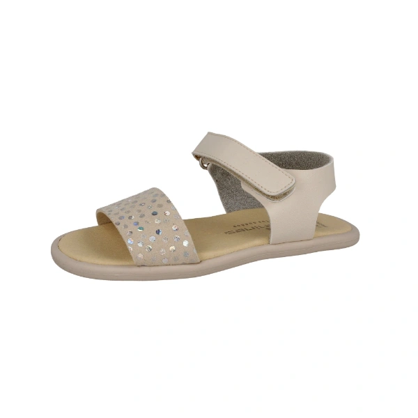 Sandalia Andanines Sella beige en vista lateral, con tira delantera de serraje con lunares plateados y cierre de velcro