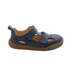 Sandalia infantil Andanines Mousse Jeans de piel azul marino con dos velcros y suela marrón, vista lateral