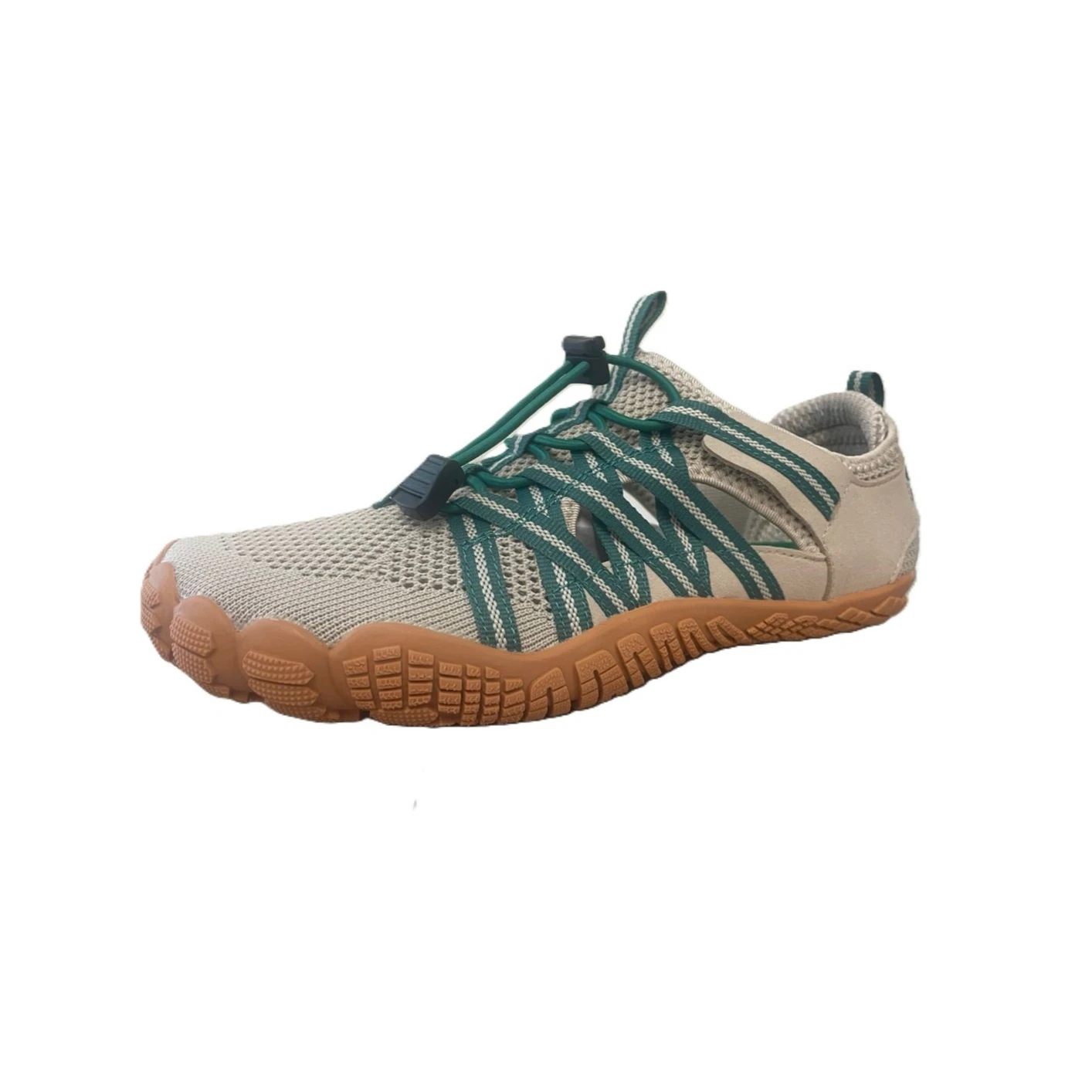 1 Zapatilla Saguaro adulto Breeze V Beige de malla con cordones elásticos verdes y suela color caramelo, vista lateral