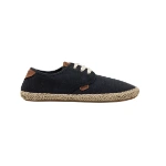 Zapatilla Mustang Bequi de serraje azul marino perforado, con cordones crudos y suela de yute, vista lateral