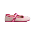 Batilas bailarina adulta rosa claro con ribete y suela fucsia y correa con hebilla plateada, vista lateral