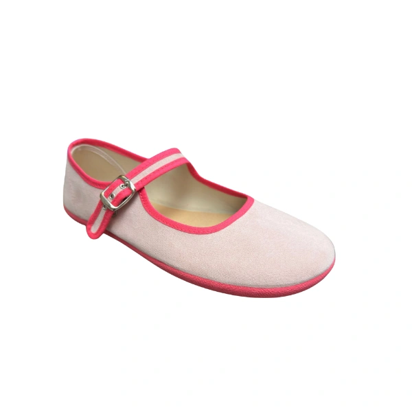 Batilas bailarina adulta en rosa claro con ribete fucsia y correa con hebilla metálica, vista lateral