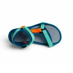 Sandalia Saguaro Nudo II Green vista desde arriba, con tiras de velcro turquesa y naranja y plantilla gris ondulada